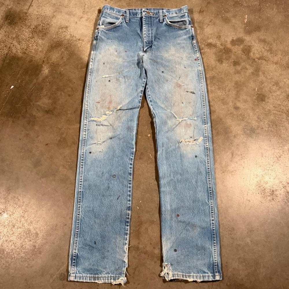 Vintage Wrangler 13MWZ Cowboy Cut Stained Distressed Jeans Mens 30x35 Blue 90s
